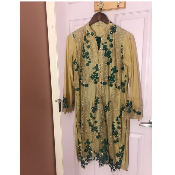 3 pc Pakistani India Tan Aqua Chiffon Bead Outfit - Picture 1 of 7